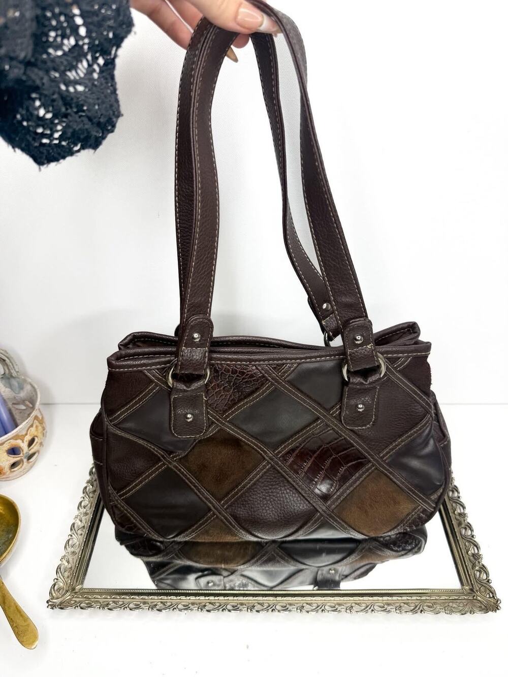 Jaclyn Smith Shoulder Handbag Women Medium Faux Leather Argyle Patch Purse Bag